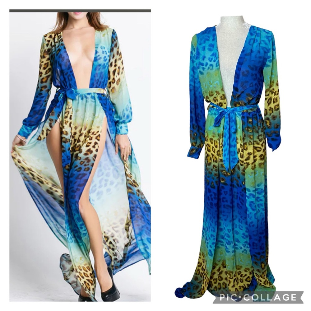Moda Minx Dress Turquoise Leopard Print Long Sleeve Split 
Hem Maxi Size Small